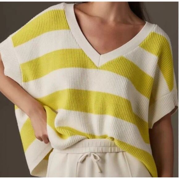Maeve Anthropologie Yellow White Striped Oversized Knit Sweater Womens Size L - Picture 2 of 9